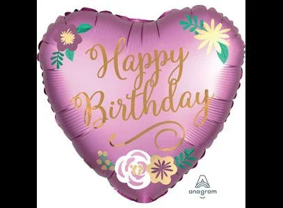 Birthday Satin Flowers Heart Shaped Mylar Balloon 18" | 1ct