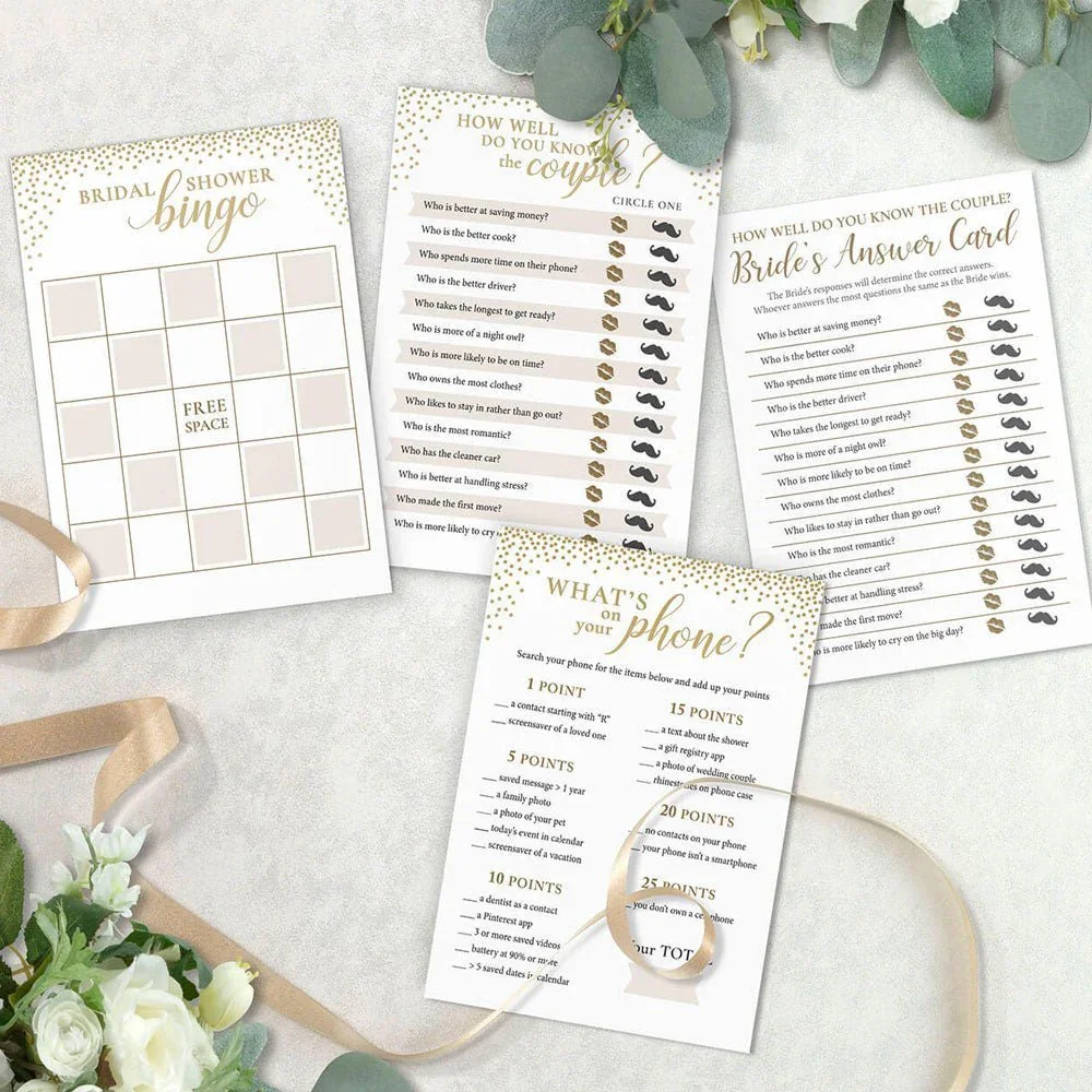 Gold Confetti Themed 3 Bridal Shower Games for 24 players | 1 ct